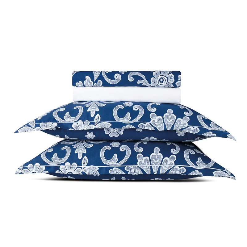 Ensemble de draps satin de coton - Passementerie bleu