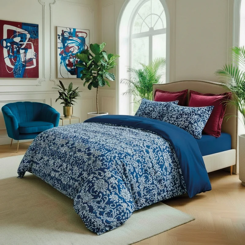 Housse de couette + taie(s) d'oreiller satin de coton - Passementerie bleu