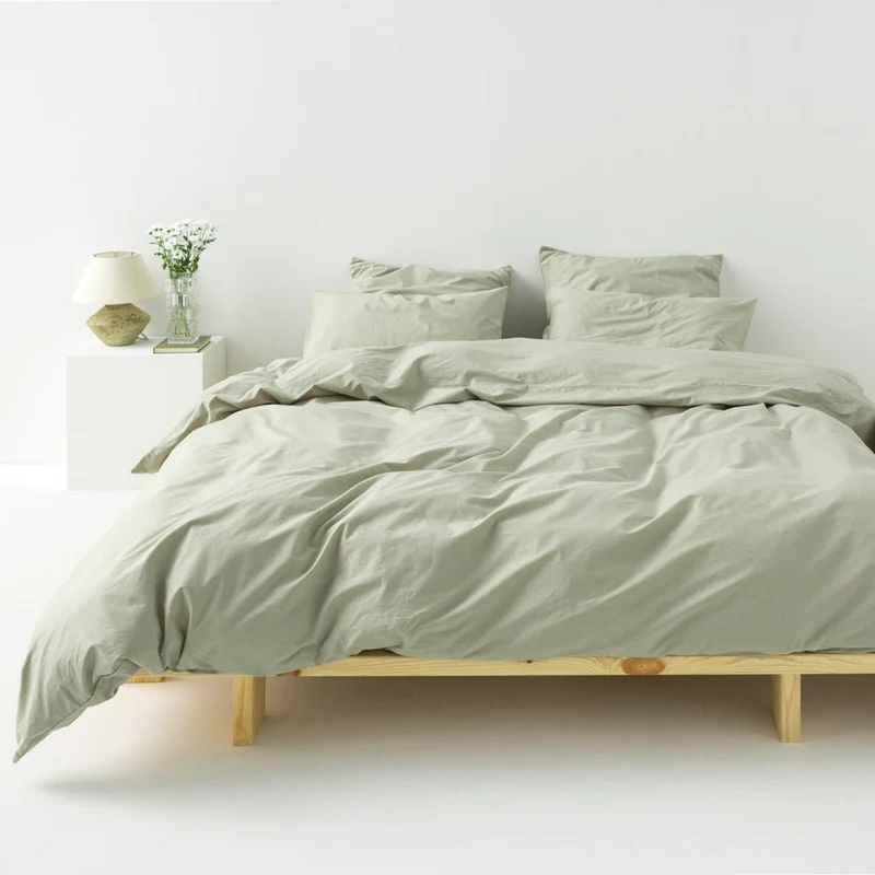Parure de lit en percale de coton lavé 300 fils • Vert Sauge