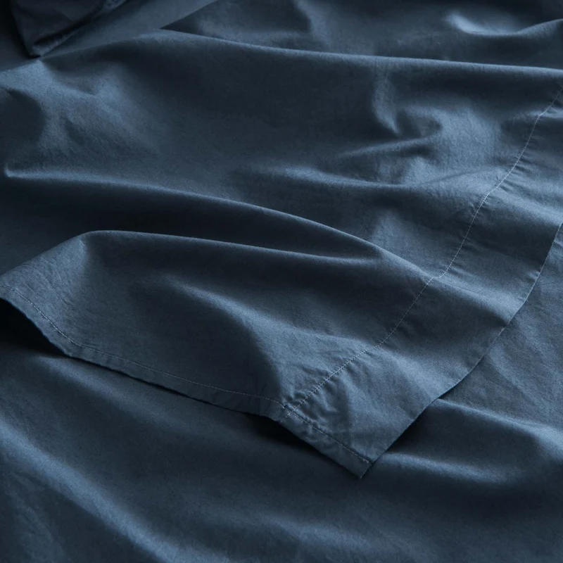 Drap plat en percale de coton lavé 300 fils • Bleu Orage
