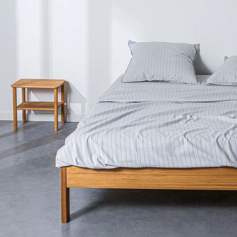 Drap plat en percale de coton lavé 300 fils • Rayures Bleues