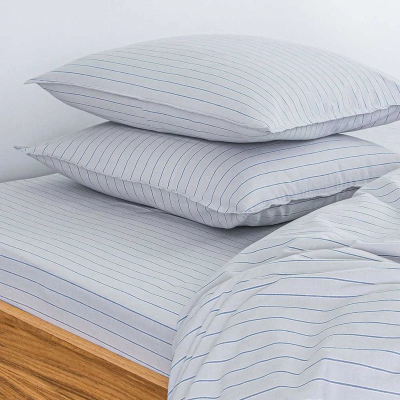 Parure de lit en percale de coton lavé 300 fils • Rayures Bleues