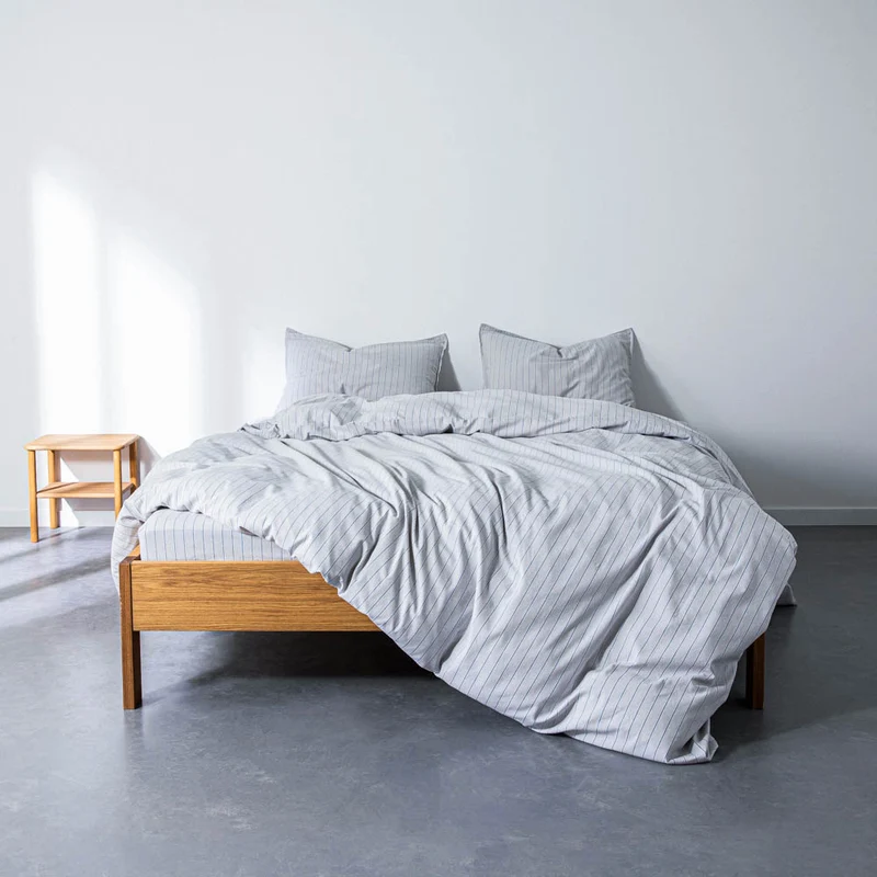 Housse de couette en percale de coton lavé 300 fils • Rayures Bleues