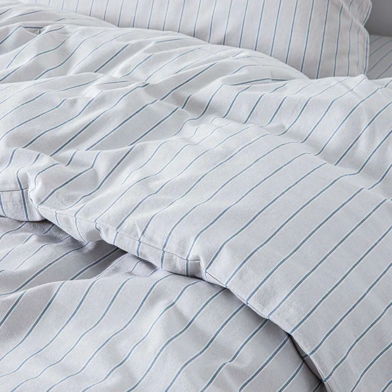 Housse de couette en percale de coton lavé 300 fils • Rayures Bleues