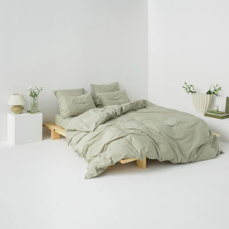 Housse de couette en percale de coton lavé 300 fils • Vert Sauge