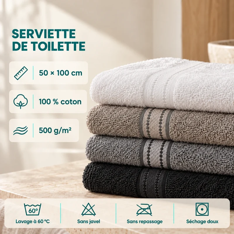 Serviette de toilette hôtel 500 g/m² - 50 × 100 cm