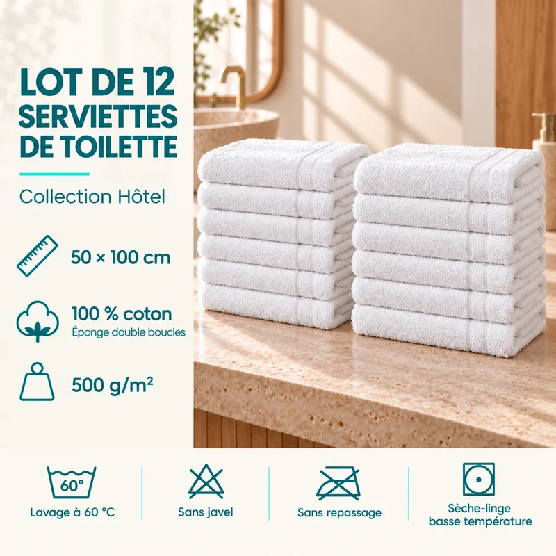 Lot de 12 serviettes de toilette hôtel 500 g/m² - 50 × 100 cm