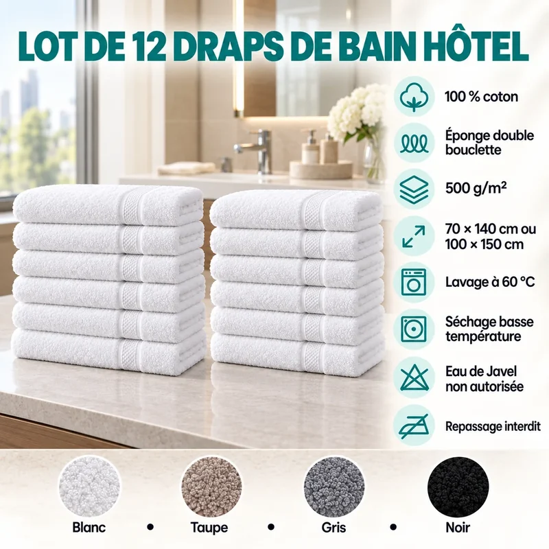 Lot de 12 Draps de Bain 500g/m² Collection Hôtel