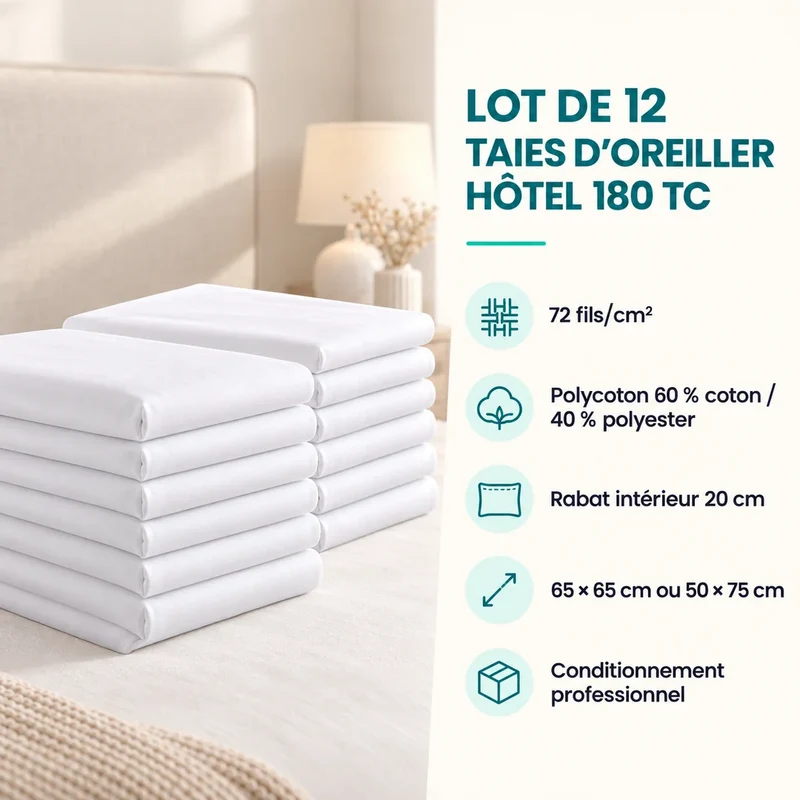 Lot de 12 Taies d’Oreiller Hôtel 180 TC - Gamme Essentiel