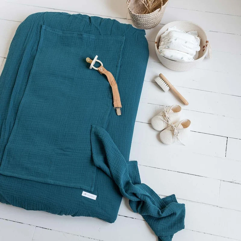 Housse de matelas à langer + 2 langes BLEU PAON