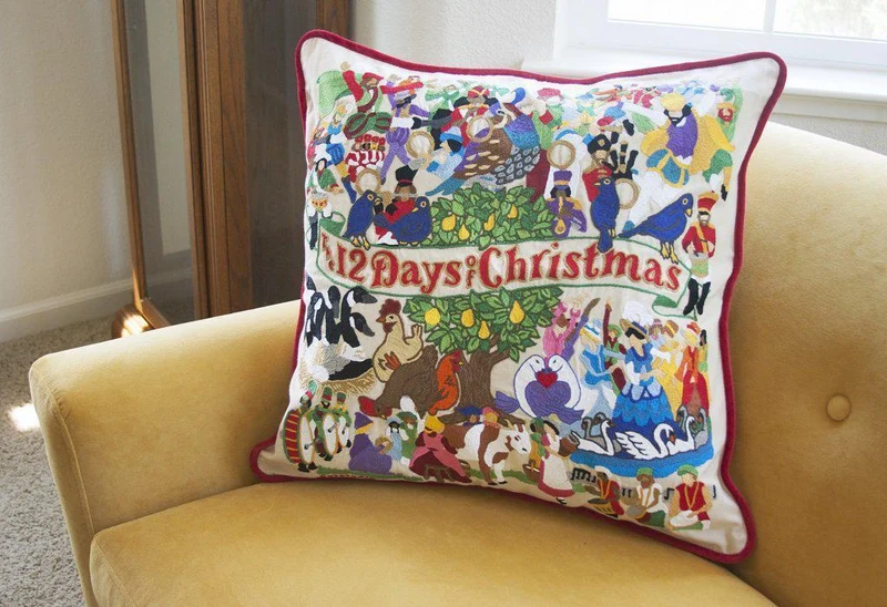 12 Days of Christmas Hand Embroidered CatStudio Pillow